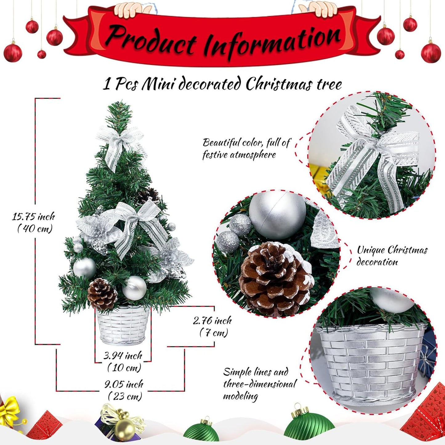 Tabletop Mini Christmas Tree, 15.74" Artificial Christmas Tree Miniature Pine Christmas Tree Perfect for Christmas Decorations, Home, Kitchen, Dining Table(Silver)