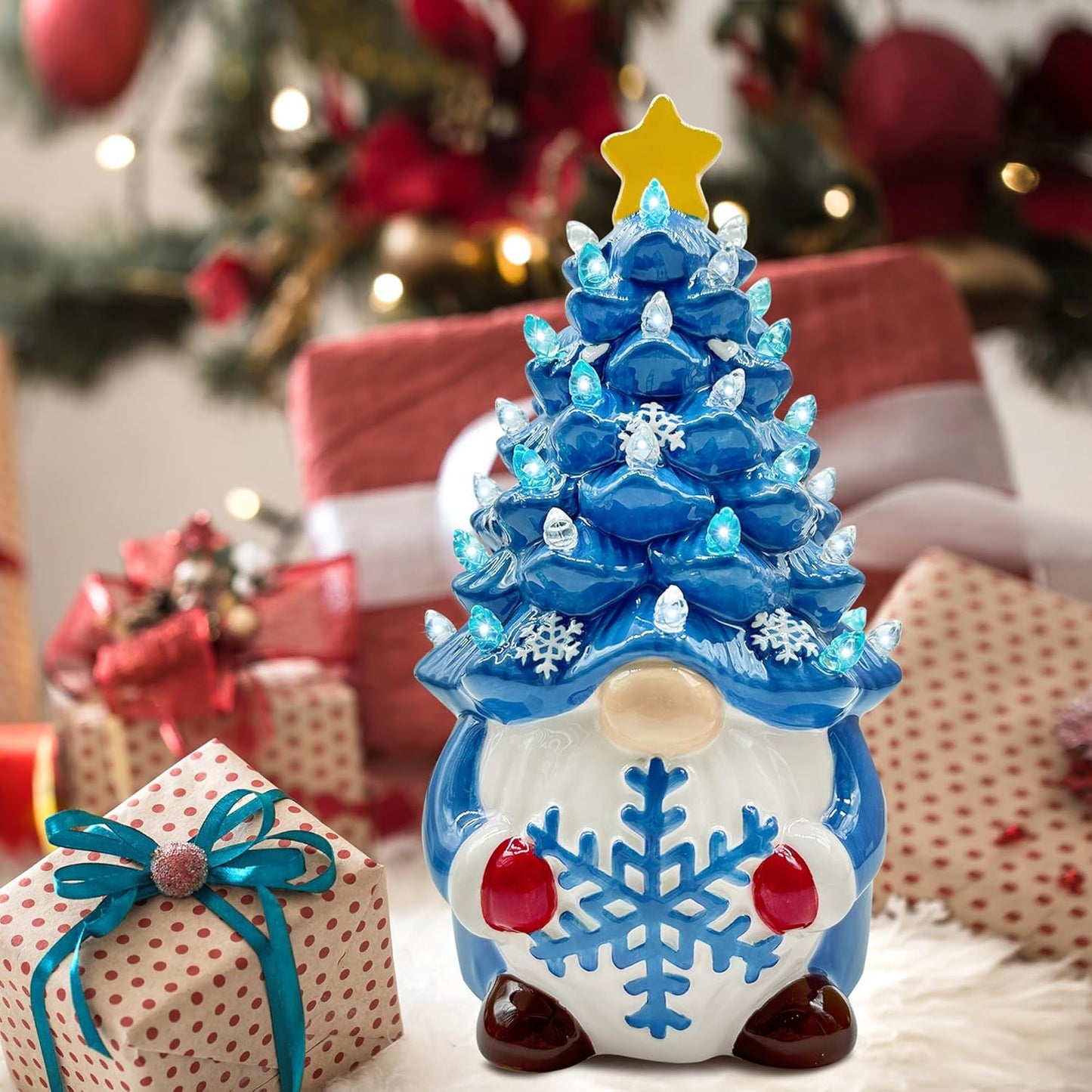 Ceramic Christmas Tree, Christmas Decorations for Indoor Home Table, Blue Gnome Christmas Decorations, Small Christmas Tree with Lights, Ceramic Winter Holidays Decor