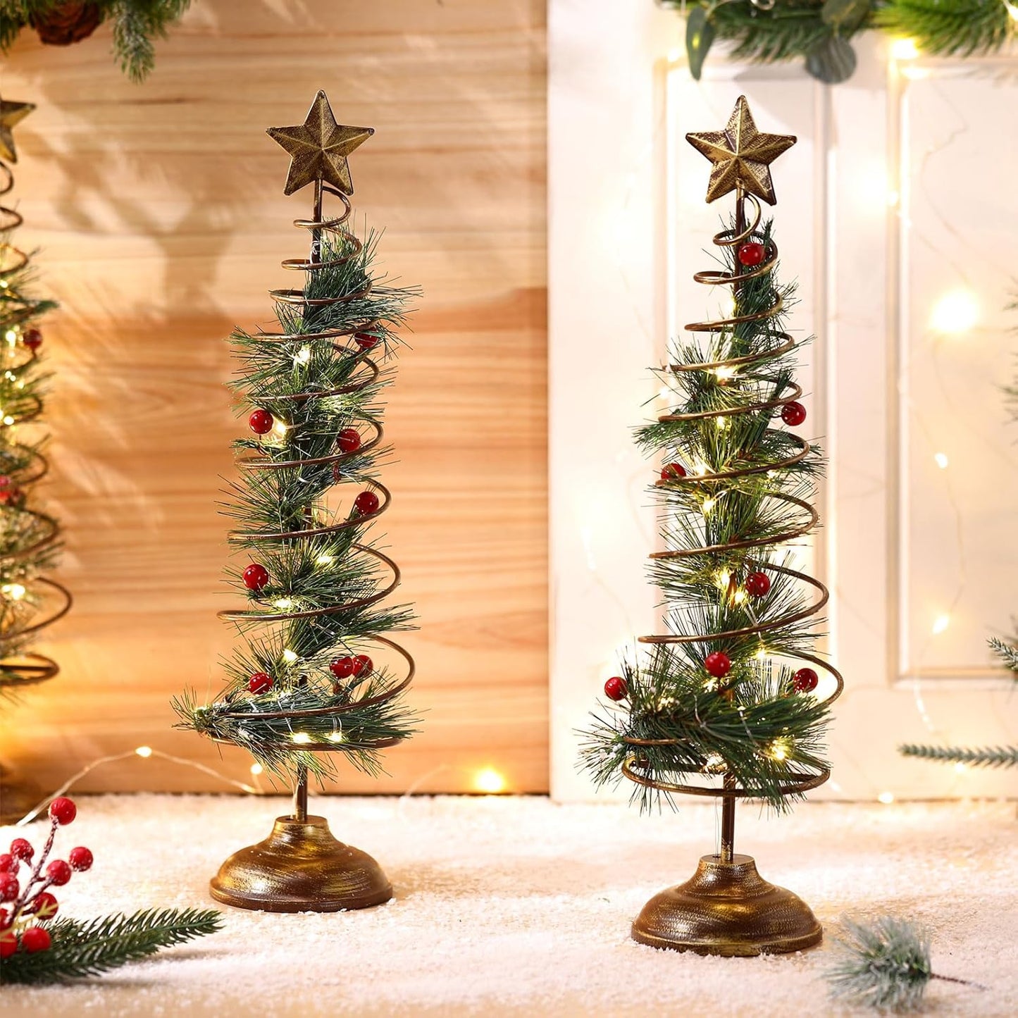 Set of 2 Lighted Christmas Tree Table Decoration with Golden Star Spiral Battery Operated Tabletop Prelit Mini Xmas Tree with LED Light up Desk Ornament for Home Mantel Room (Natural Style)