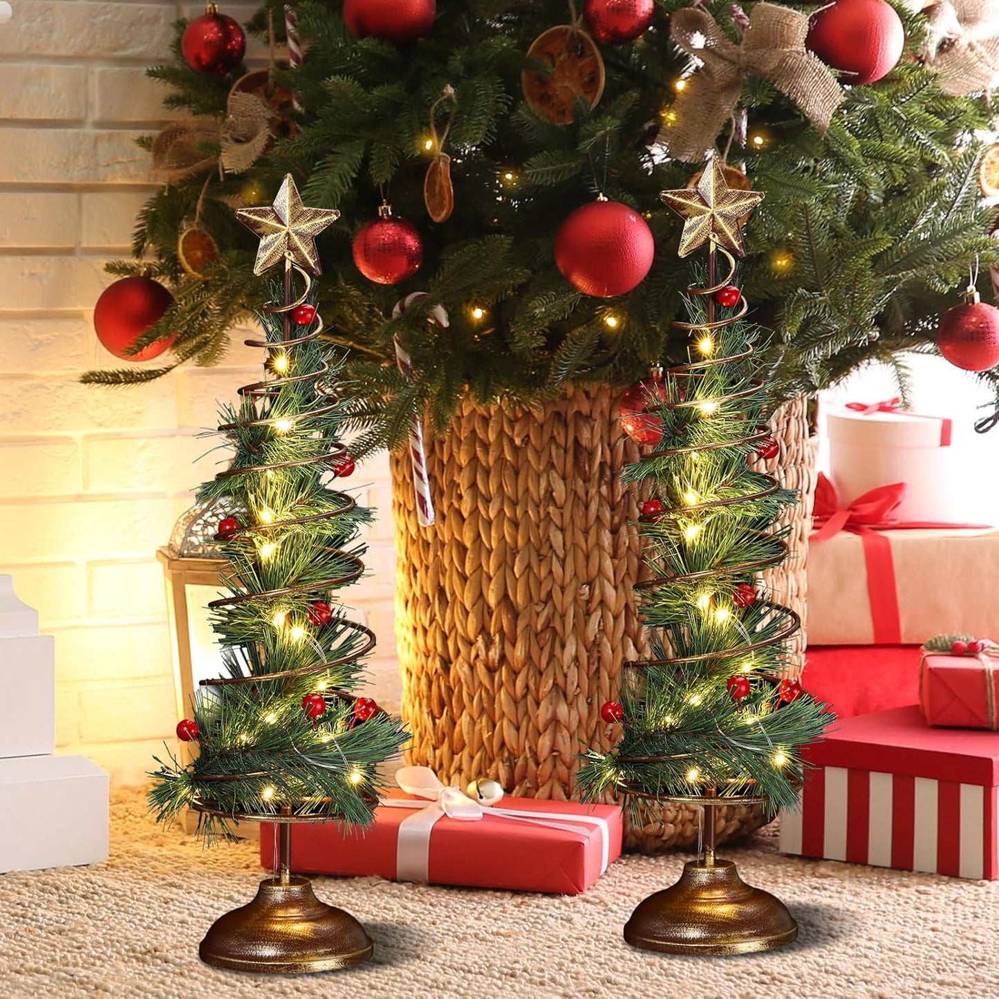 Set of 2 Lighted Christmas Tree Table Decoration with Golden Star Spiral Battery Operated Tabletop Prelit Mini Xmas Tree with LED Light up Desk Ornament for Home Mantel Room (Natural Style)