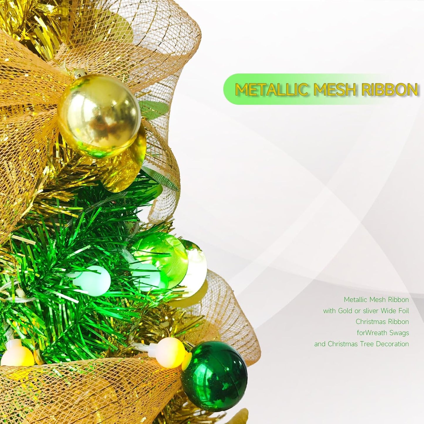 5FT Pop-Up Christmas Tree with 10-inch X 1.6 Feet Metallic Mesh Ribbon, Multi-Color 50 LED String Lights,10 Decorative Balls for DIY, Ideal for Indoor/Outdoor Christmas Decoration