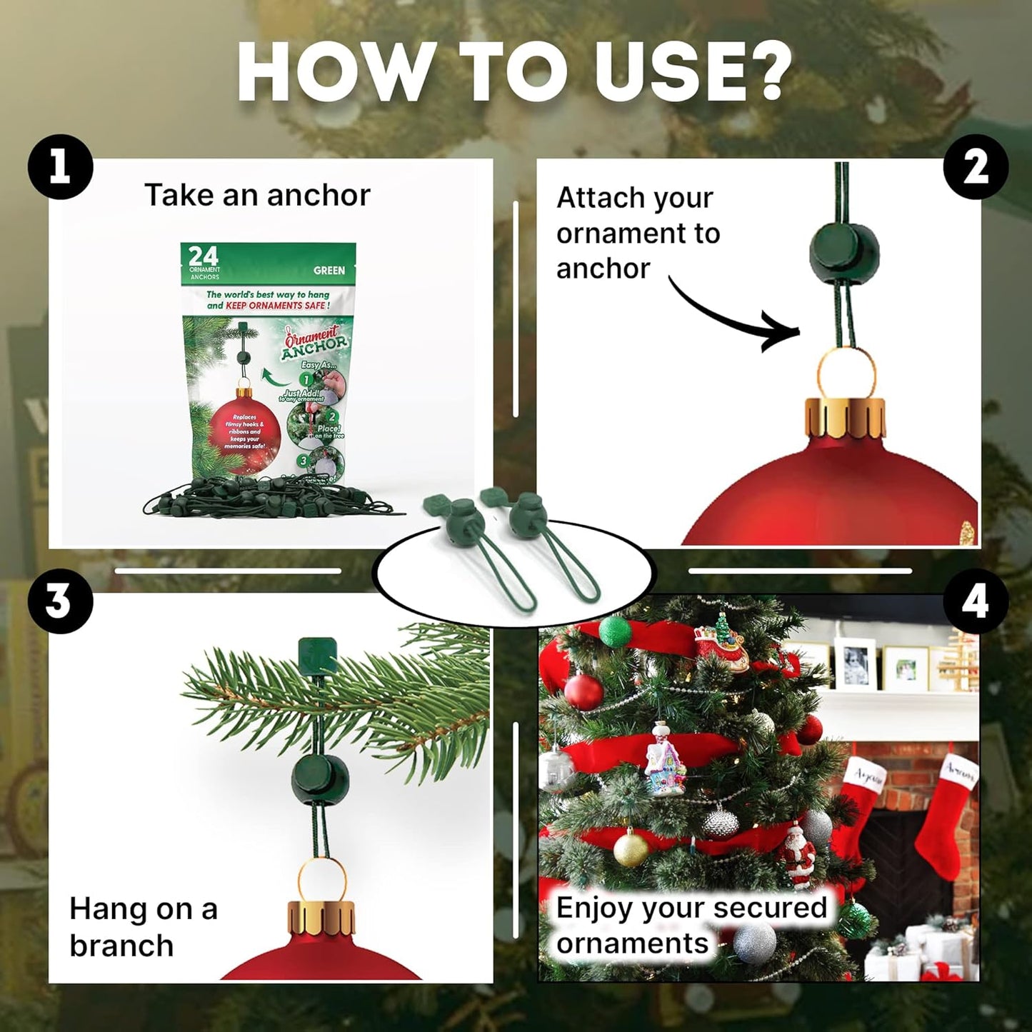 ORNAMENT ANCHOR Ornament Hooks for Hanging Christmas Decorations - No-Slip Hanging Hooks for Xmas - Heavy Duty Christmas Tree Ornaments Hanger Hooks for Small & Large Ornaments (Green, 24 Count)