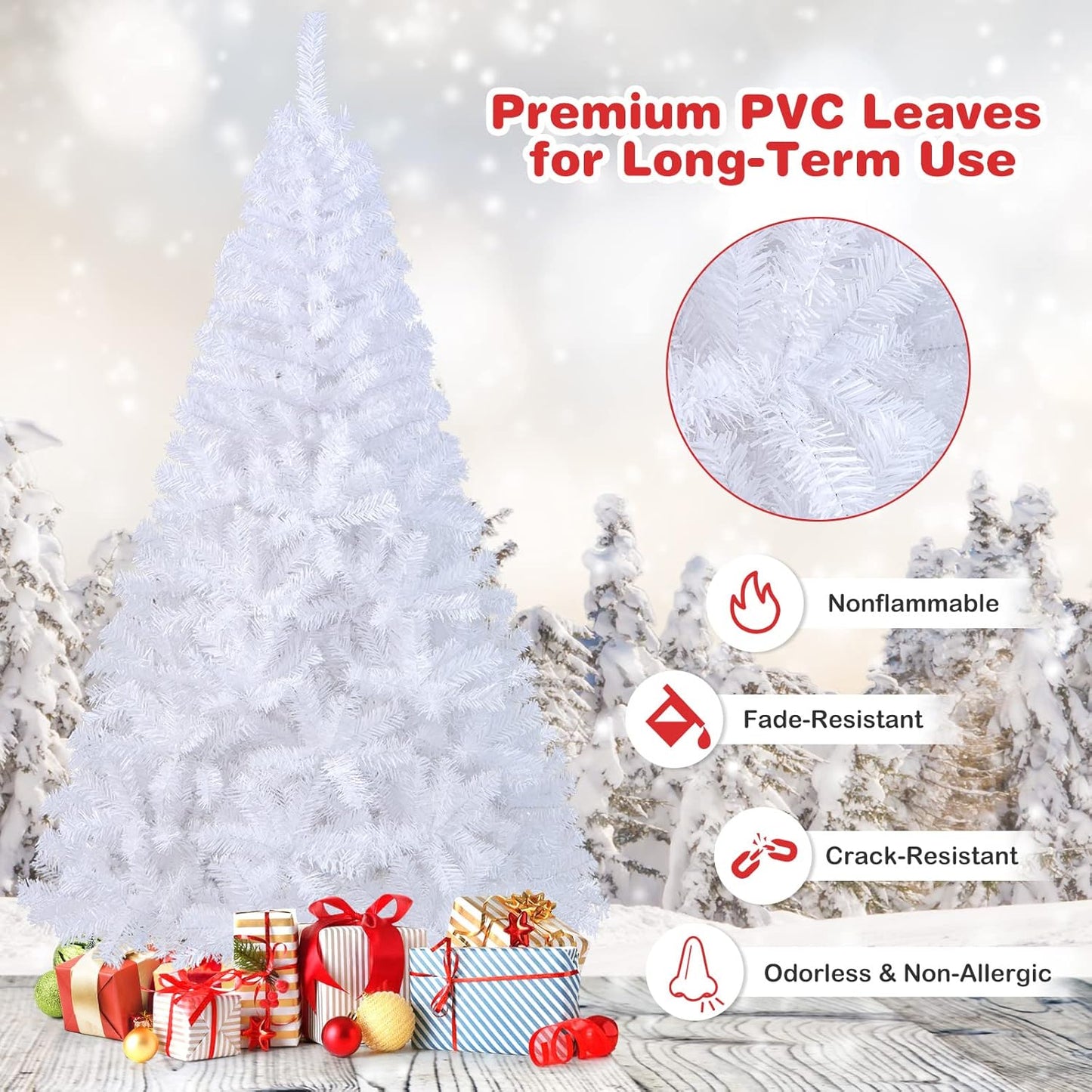 COSTWAY 6Ft-Artificial-PVC-Christmas-Tree-W-Stand-Holiday-Season-Indoor-Outdoor-White