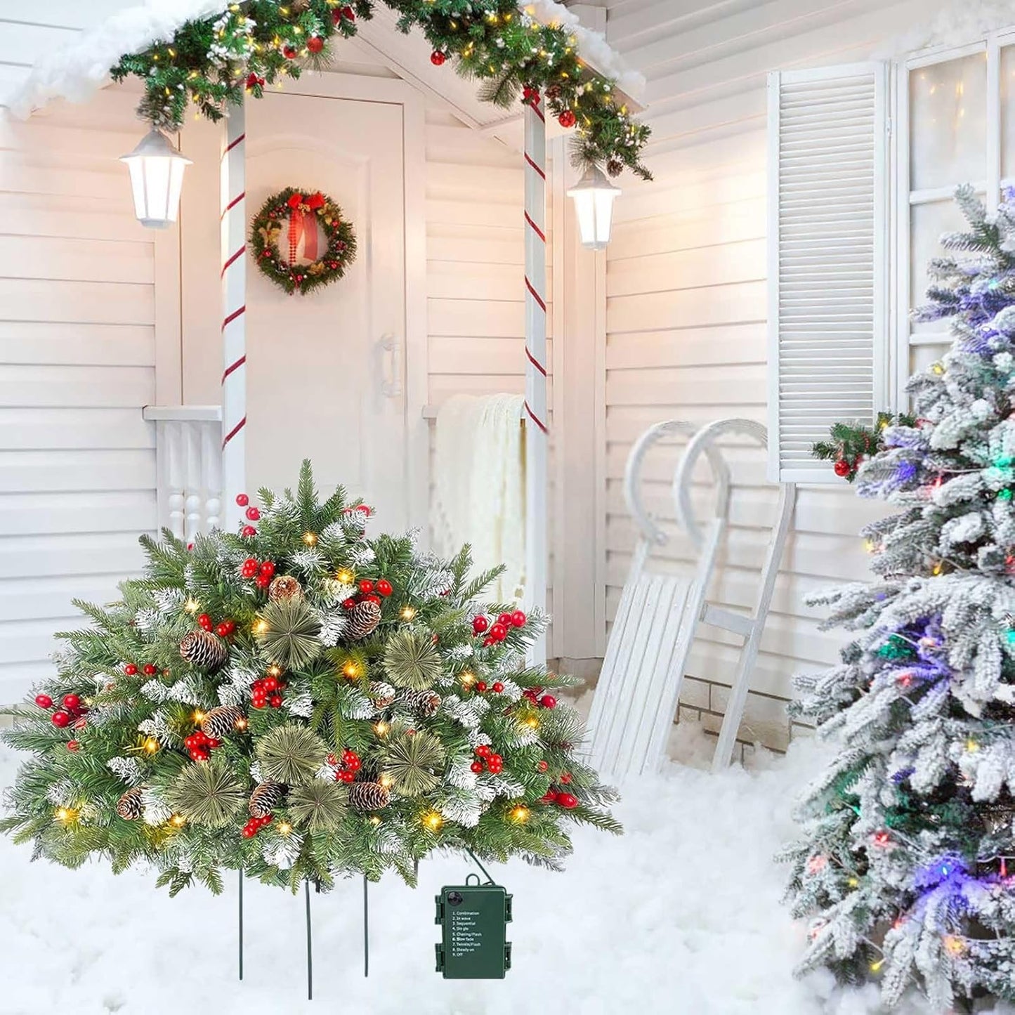 Prelit Artificial Christmas Tree,One Piece Lighted Urn Filler 2024 Christmas Decor Tripod Stake and Colored LED Changing Lights for Porch, Yard, Garden, Flower Beds