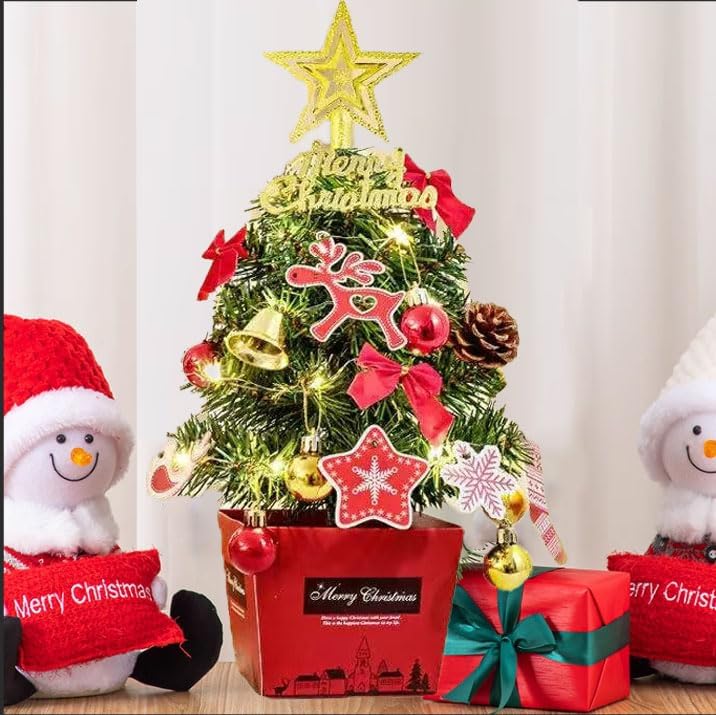 Mini Christmas Tree, 17.7" Small Potted Christmas Tree with 37 Pcs Cute Ornament, Artificial Tabletop DIY Xmas Decorations Indoor shopwindow Kids