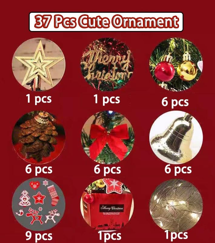 Mini Christmas Tree, 17.7" Small Potted Christmas Tree with 37 Pcs Cute Ornament, Artificial Tabletop DIY Xmas Decorations Indoor shopwindow Kids