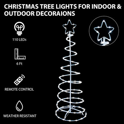 6FT Christmas Spiral Tree Outdoor Christmas Tree with Lights Outdoor Lighted Tree with Remote Control Timer 8 Lighting Modes, Christmas Tree Outdoor Decorations for Yard, Porch (Cold White, 6FT)