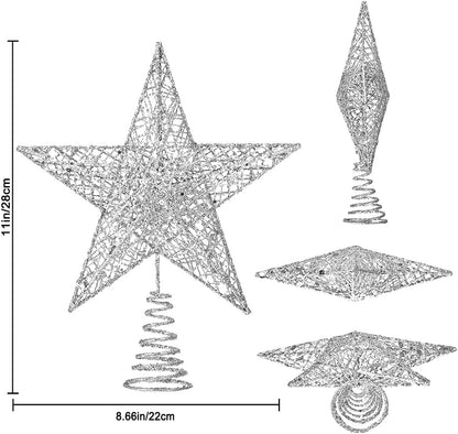 Christmas Tree Toppers Xmas Glitter Silver Hollow Star Treetop Topper for Christmas Tree Decoration