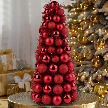 16" Small Tabletop Christmas Tree, Mini Xmas Tree with 94 Shatterproof Christmas Ornaments Balls for Christmas Decor Holiday Party Wedding Centerpiece -Red