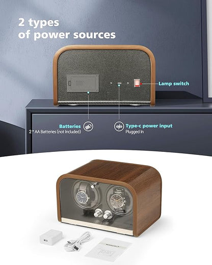 Watch Winder for Automatic Watches，Watch Winders Box for Rolex,Double Japanese Silent Motor, 4 Rotation Mode Setting, Blue Light, Plug-in or 2 * AA Batteries (not Included), Retro Style, Gift for Man