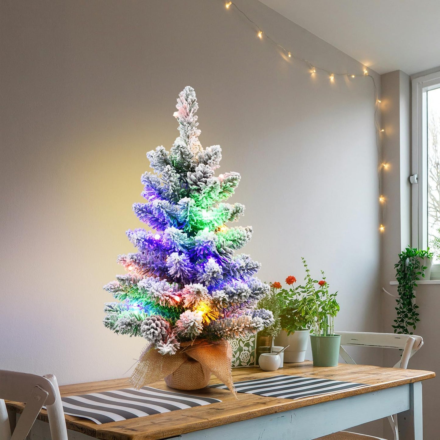 2ft Tabletop Mini Christmas Tree, Pre-lit Artificial Little Christmas Tree with 4 Colors Lights, Small Christmas Tree White Pine Cone Ornaments Burlap Base for Christmas Home Indoor Decorations