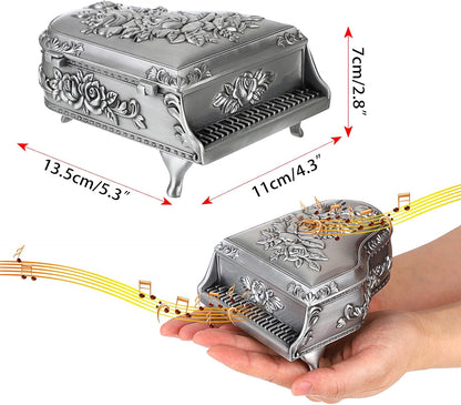 ELLDOO Vintage Piano Music Box, Silver Metal Wind Up Musical Jewelry Box Keepsake Box, Small Trinket Jewelry Storage Box Gift for Girl Women (Tune: You are My Sunshine)