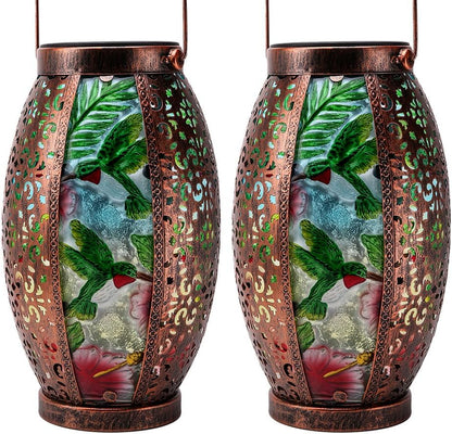 2PC Solar Lantern Outdoor Waterproof Glass & Metal Garden Decor Christmas Gifts for Women Mom Grandma Large Hanging Solar Light Tabletop Lamp for Yard, Patio, Porch (Hummingbird)