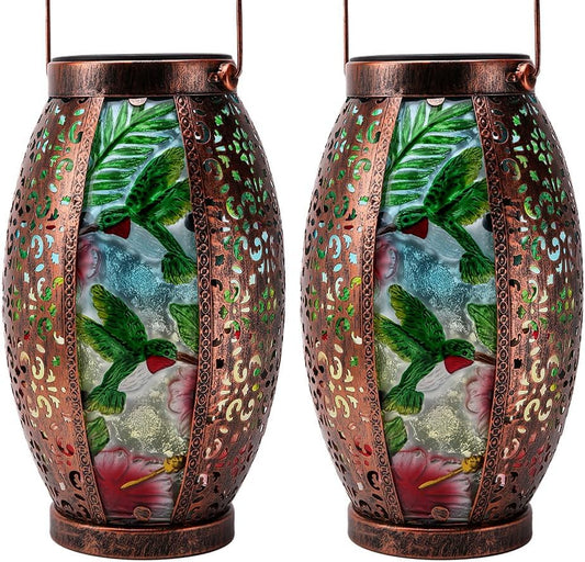 2PC Solar Lantern Outdoor Waterproof Glass & Metal Garden Decor Christmas Gifts for Women Mom Grandma Large Hanging Solar Light Tabletop Lamp for Yard, Patio, Porch (Hummingbird)