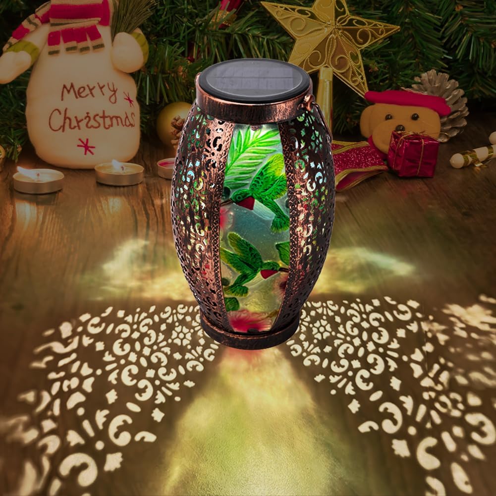 2PC Solar Lantern Outdoor Waterproof Glass & Metal Garden Decor Christmas Gifts for Women Mom Grandma Large Hanging Solar Light Tabletop Lamp for Yard, Patio, Porch (Hummingbird)