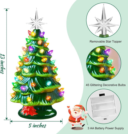 13 Inch Ceramic Christmas Tree, Pre-lit Tabletop Christmas Tree with Multicolored LED Lights and Star Topper, Battery Operated Vintage Lighted Ceramic Tree for Home Office Table Holiday Decorations