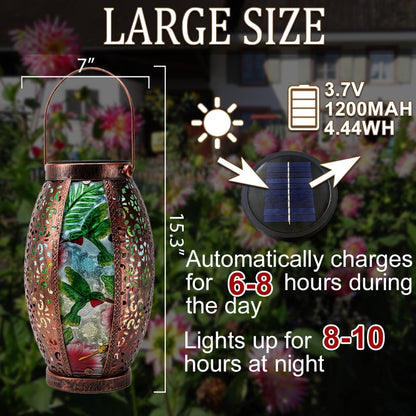 2PC Solar Lantern Outdoor Waterproof Glass & Metal Garden Decor Christmas Gifts for Women Mom Grandma Large Hanging Solar Light Tabletop Lamp for Yard, Patio, Porch (Hummingbird)