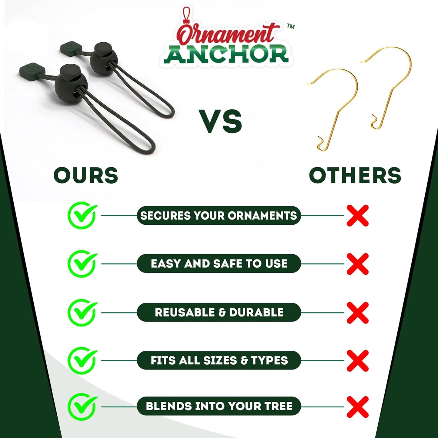 ORNAMENT ANCHOR Ornament Hooks for Hanging Christmas Decorations - No-Slip Hanging Hooks for Xmas - Heavy Duty Christmas Tree Ornaments Hanger Hooks for Small & Large Ornaments (Green, 24 Count)