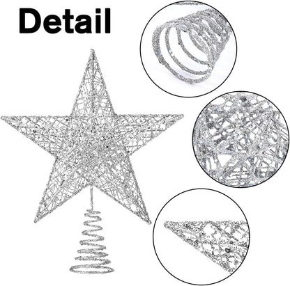 Christmas Tree Toppers Xmas Glitter Silver Hollow Star Treetop Topper for Christmas Tree Decoration