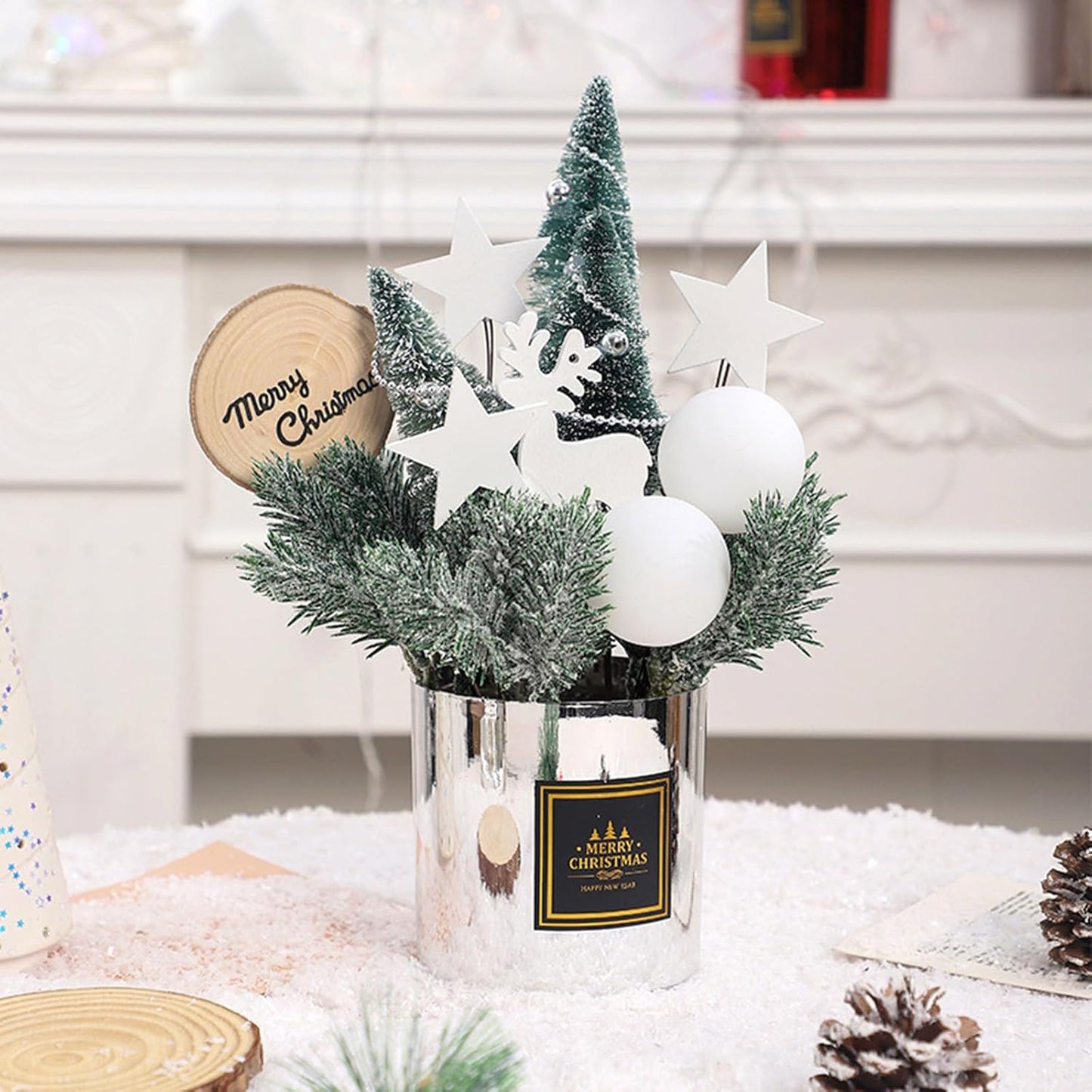 Tabletop Artificial Small Christmas Tree with Pine Cones and Berries Ornament Potted Plant Centerpieces Decoration
