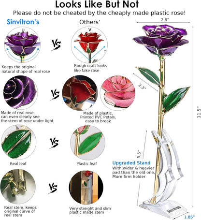 Sinvitron Gold Dipped Rose 24K Real Rose, Long Stem Gold Plated Rose with Stand, Valentines Day Gifts for Her,Gifts for Mom,24K Golden Rose for Anniversary and Mothers Day, Birthday (Purple)