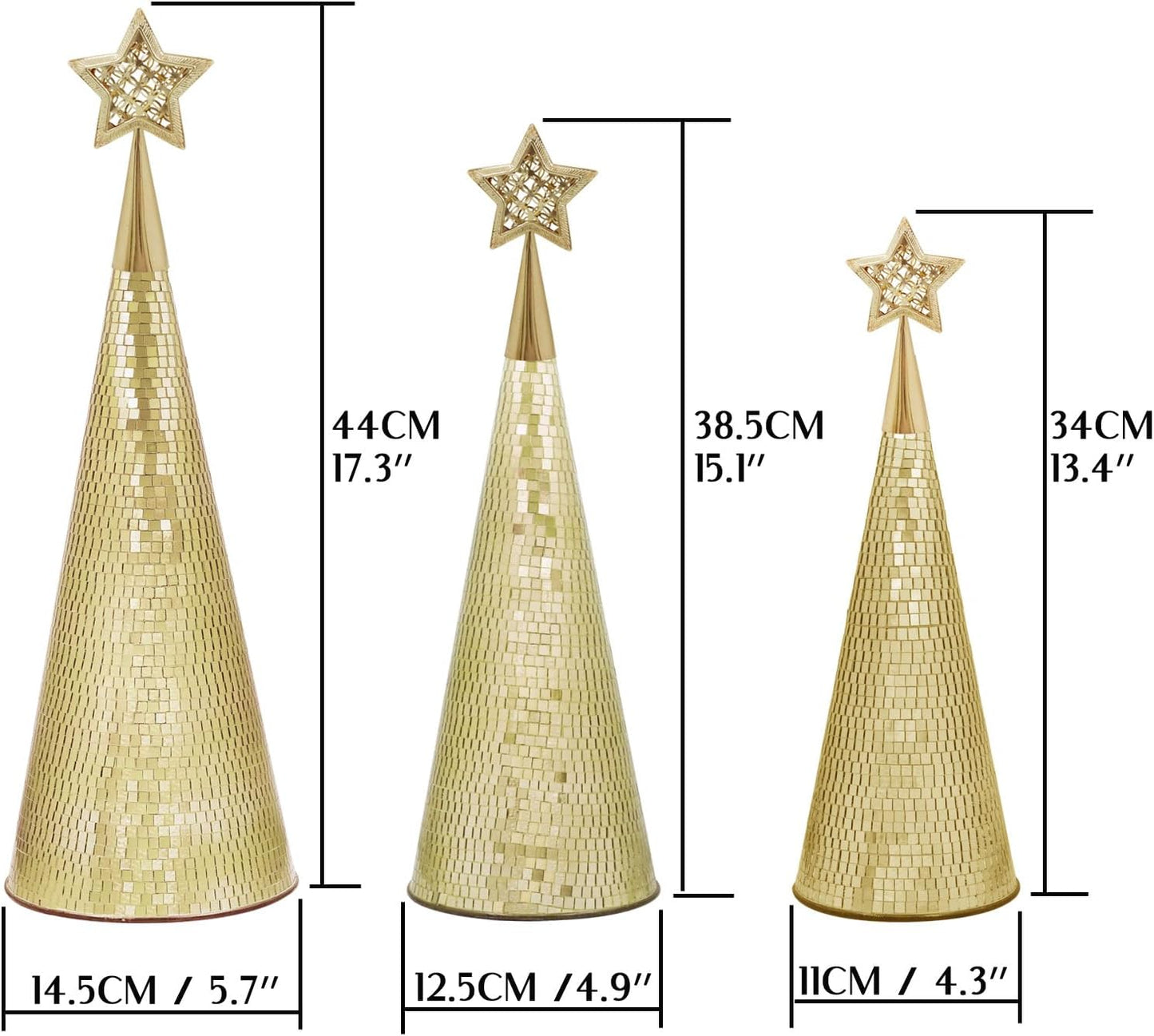Gold Glass Trees Set of 6, 17" 15" 13" Small Tabletop Christmas Tree Handmade Disco Decor for Xmas Table Party Centerpiece Decoration