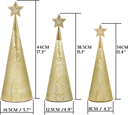 Gold Glass Trees Set of 6, 17" 15" 13" Small Tabletop Christmas Tree Handmade Disco Decor for Xmas Table Party Centerpiece Decoration
