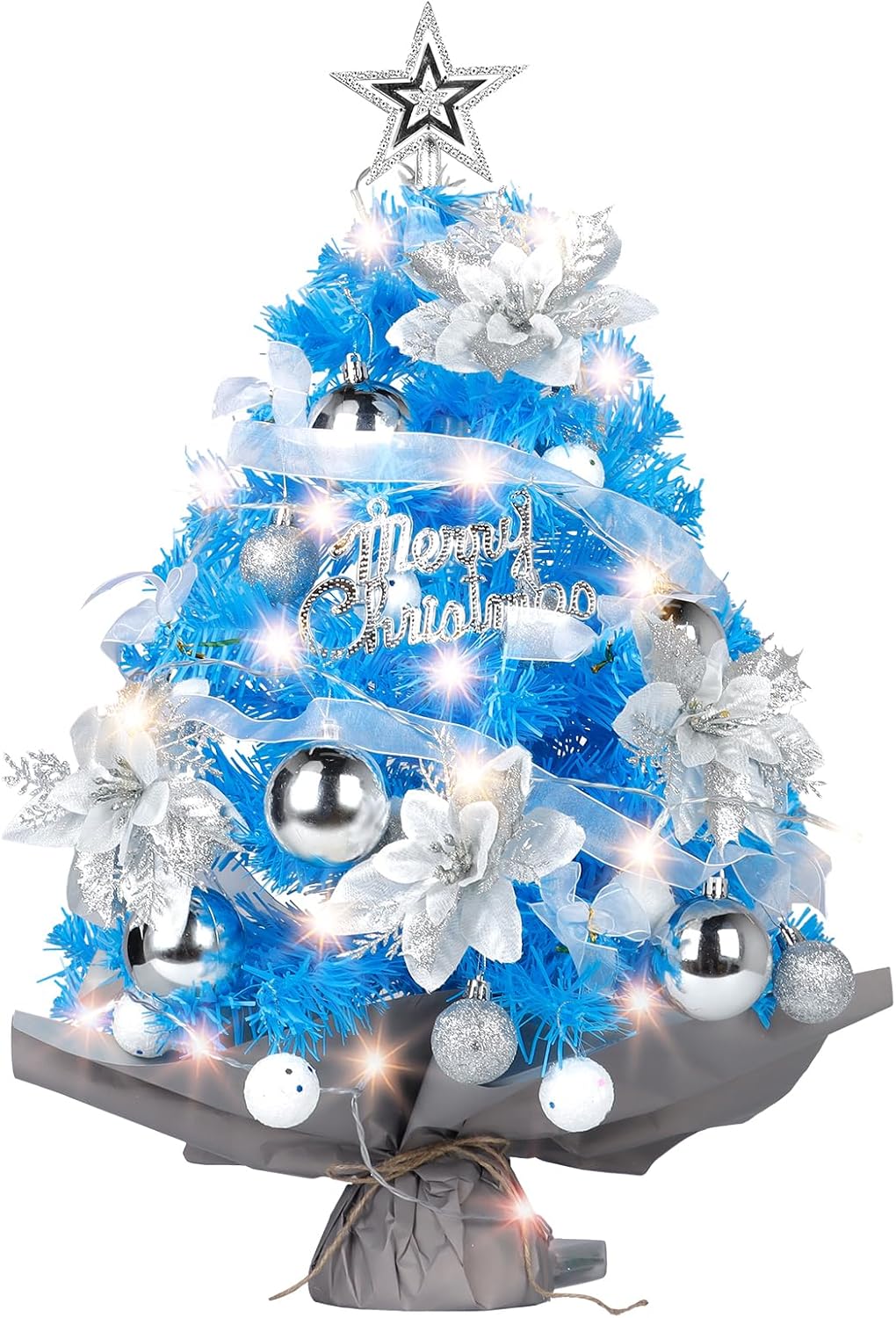 Mini Christmas Tree with Lights: 2ft Small Blue Christmas Tree, Tabletop Artificial Xmas Tree with Star Treetopper, LED String Light & Hanging Ornaments, for Desk Christmas Decors Home Office Party