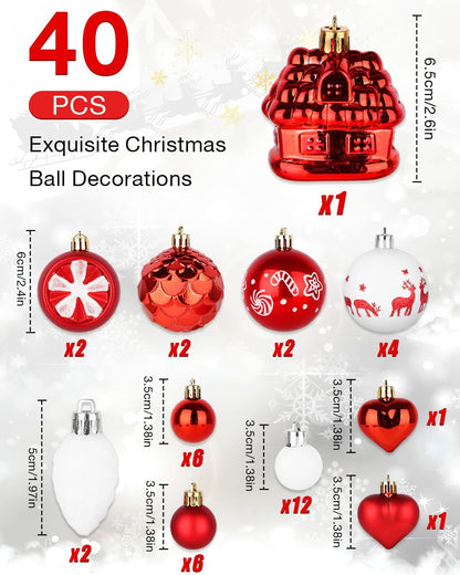 Christmas Tree Ornaments,40ct Christmas Ball Decoration Set,11 Different Christmas Ornaments,Red and White Classic Color Christmas Tree Decorations, Shatterproof Christmas Decorations
