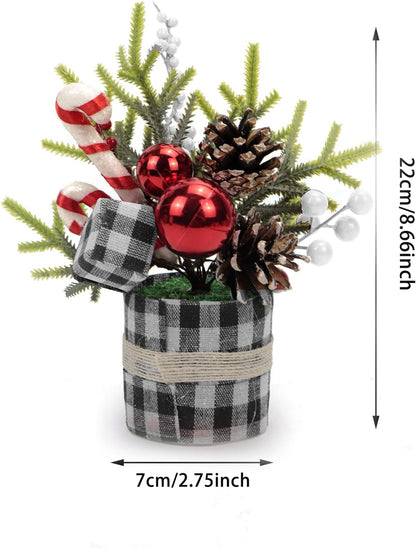 Artificial Small Christmas Tree Tabletop Decorations, Plaid Potted Christmas Tree with Candy Cane Ball Ornaments for Xmas Fireplace Mantel Table Centerpiece Home Office Indoor Decor (White)