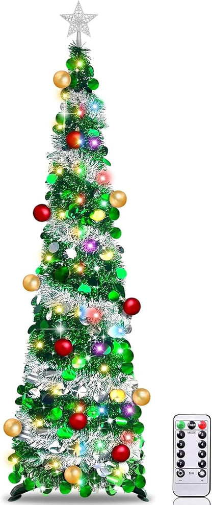 5 Ft Lighted Slim Christmas Tree with Timer Ball Ornament 100 Warm Lights Battery Powered Big 3D Star,Glitter Tinsel Pop Up Pencil Christmas Tree Decoration Indoor Outdoor(Green + Silver)