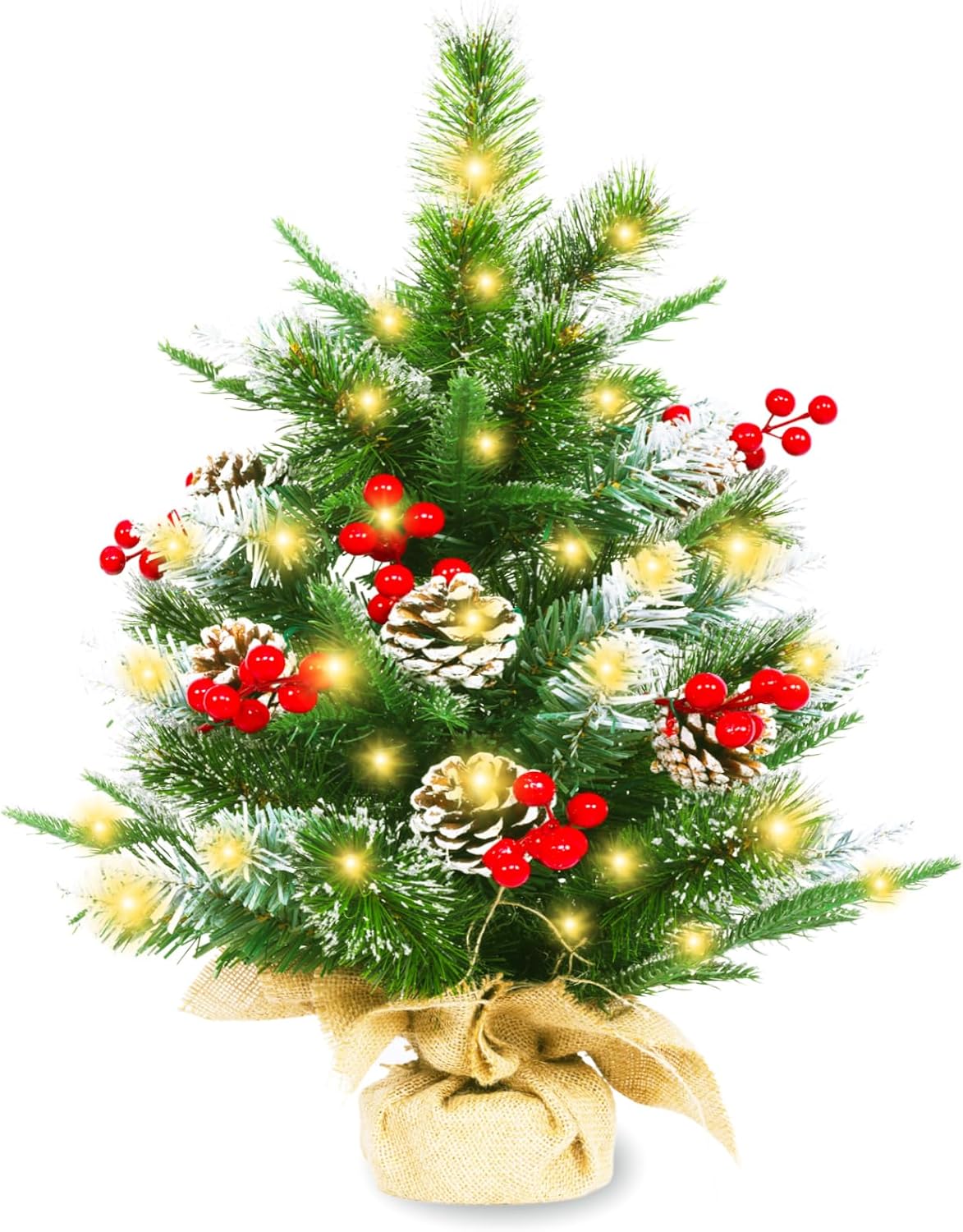 Small Christmas Tree with Lights 22 inch | Mini Xmas Tree with 50 Lights (8 Modes) 53 Tips 6 Berries 6 Pinecones | Tabletop Tree with Burlap Wooden Base | Nice for Bedroom Bathroom Window