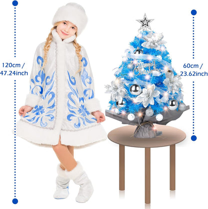 Mini Christmas Tree with Lights: 2ft Small Blue Christmas Tree, Tabletop Artificial Xmas Tree with Star Treetopper, LED String Light & Hanging Ornaments, for Desk Christmas Decors Home Office Party