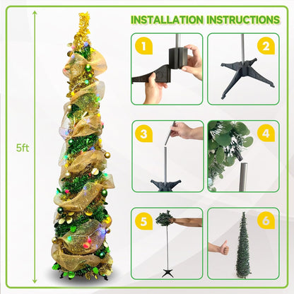 5FT Pop-Up Christmas Tree with 10-inch X 1.6 Feet Metallic Mesh Ribbon, Multi-Color 50 LED String Lights，10 Decorative Balls for DIY, Ideal for Indoor/Outdoor Christmas Decoration