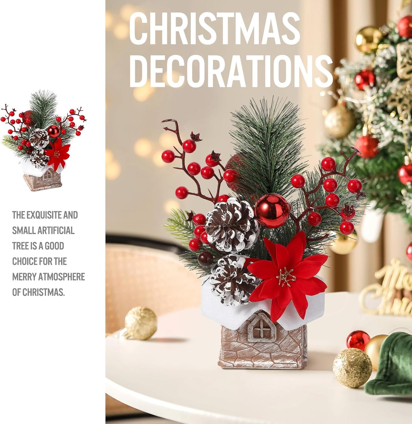 Hatisan Small Christmas Tree, Artificial Christmas Tree with Christmas Ornaments Pine Cone Berry, Tabletop Christmas Tree for Christmas Decorations Home Room Party Winter Indoor Outdoor(Red-Room)