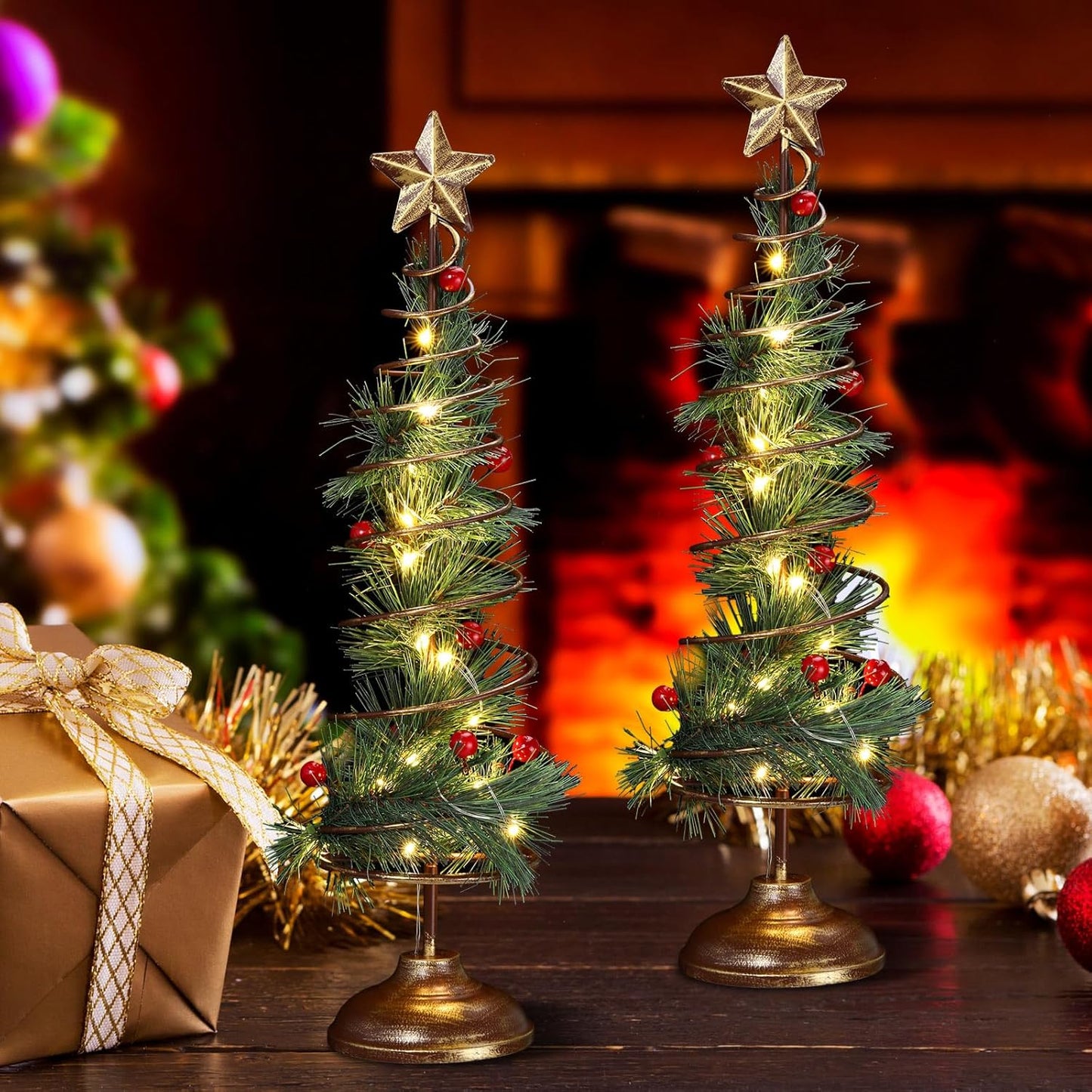 Set of 2 Lighted Christmas Tree Table Decoration with Golden Star Spiral Battery Operated Tabletop Prelit Mini Xmas Tree with LED Light up Desk Ornament for Home Mantel Room (Natural Style)