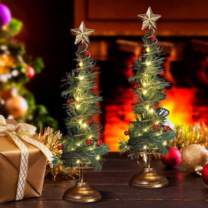 Set of 2 Lighted Christmas Tree Table Decoration with Golden Star Spiral Battery Operated Tabletop Prelit Mini Xmas Tree with LED Light up Desk Ornament for Home Mantel Room (Natural Style)