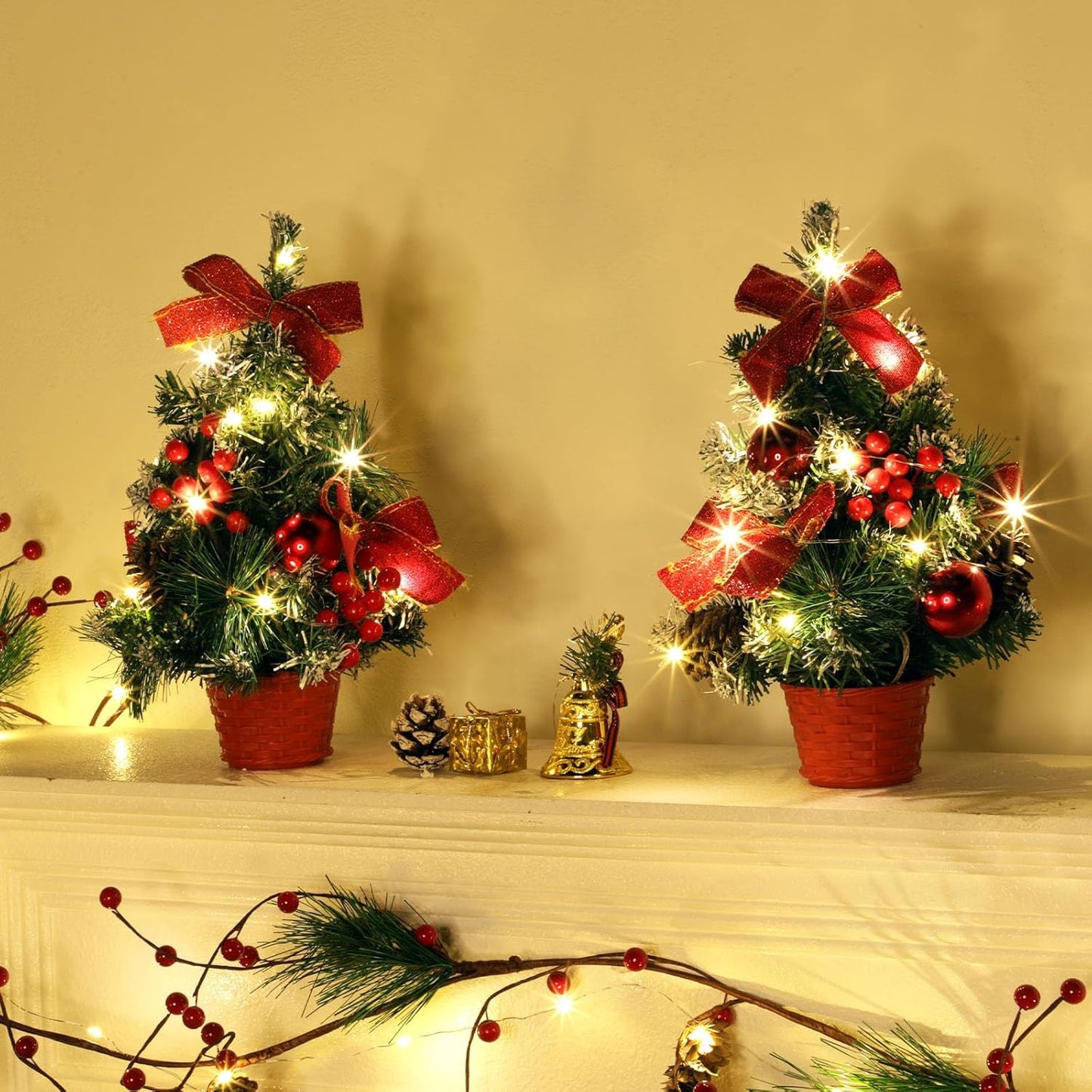 4 Pack 12 Inch Mini Christmas Trees with Lights Table Top Christmas Tree for Office in Basket Base Snowy Red Bows Berries Christmas Decorations Miniature Christmas Tree Tabletop Desk Home Decor