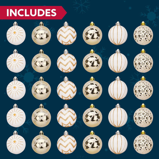 JOYIN 30 Pcs 2.36'' Christmas Ornaments Assorted Design (Gold&White) Christmas Ornaments, Assorted Shatterproof Christmas Ornaments for Holidays,Tree Ornaments