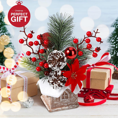 Hatisan Small Christmas Tree, Artificial Christmas Tree with Christmas Ornaments Pine Cone Berry, Tabletop Christmas Tree for Christmas Decorations Home Room Party Winter Indoor Outdoor(Red-Room)