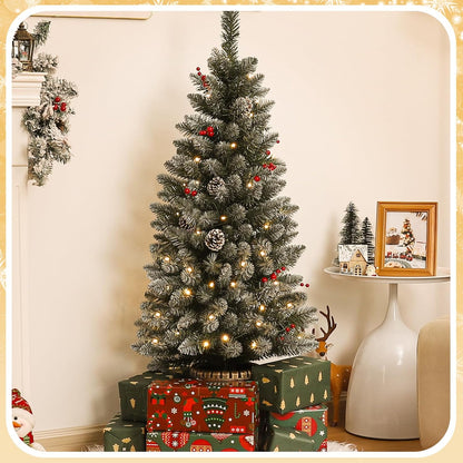 Decoway 4ft Christmas Tree Pre-Lit Artificial Mini Christmas Tree with Gold Pot Base, Flocked Snow 70 Warm White Led Lights Pine Cones Red Berries, for Entrances, Home Decorations Holiday Decor