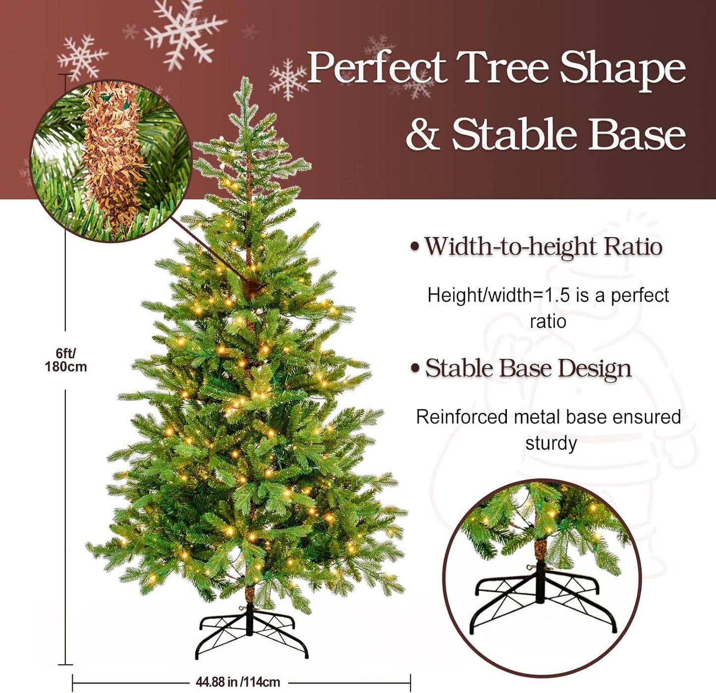 6ft Prelit Christmas Tree w/710 PE&PVC Branch Tips, Realistic Christmas Tree with 280 LED Lights,Reinforce Base, Natural Artificial Xmas Tree for Living Room, Office, Cafe