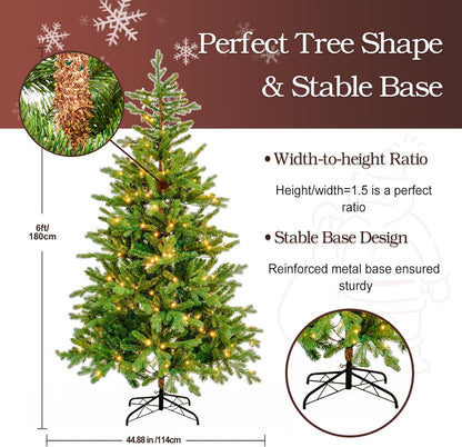 6ft Prelit Christmas Tree w/710 PE&PVC Branch Tips, Realistic Christmas Tree with 280 LED Lights,Reinforce Base, Natural Artificial Xmas Tree for Living Room, Office, Cafe