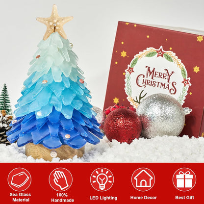 Sea Glass Christmas Tree - Handcrafted Mini Christmas Tree with LED Lights, Blue Gradient Color, Ideal for Christmas, New Year, Coastal Holiday Decor, Versatile Home Decor