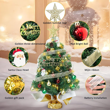 Small Mini Table top Christmas Tree with 50 LED Lights 24 Inch /2FT Little Prelit Christmas Tree Decorated Gift Boxes and Hanging Ornaments for DIY Christmas Decoration