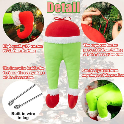 Christmas Elf Body Tree Decorations, Christmas Green Monster Stole Xmas Tree Topper, Pose-able Christmas Elf Stuffed Leg Arm and Head for Christmas Tree Hanging Oranemet