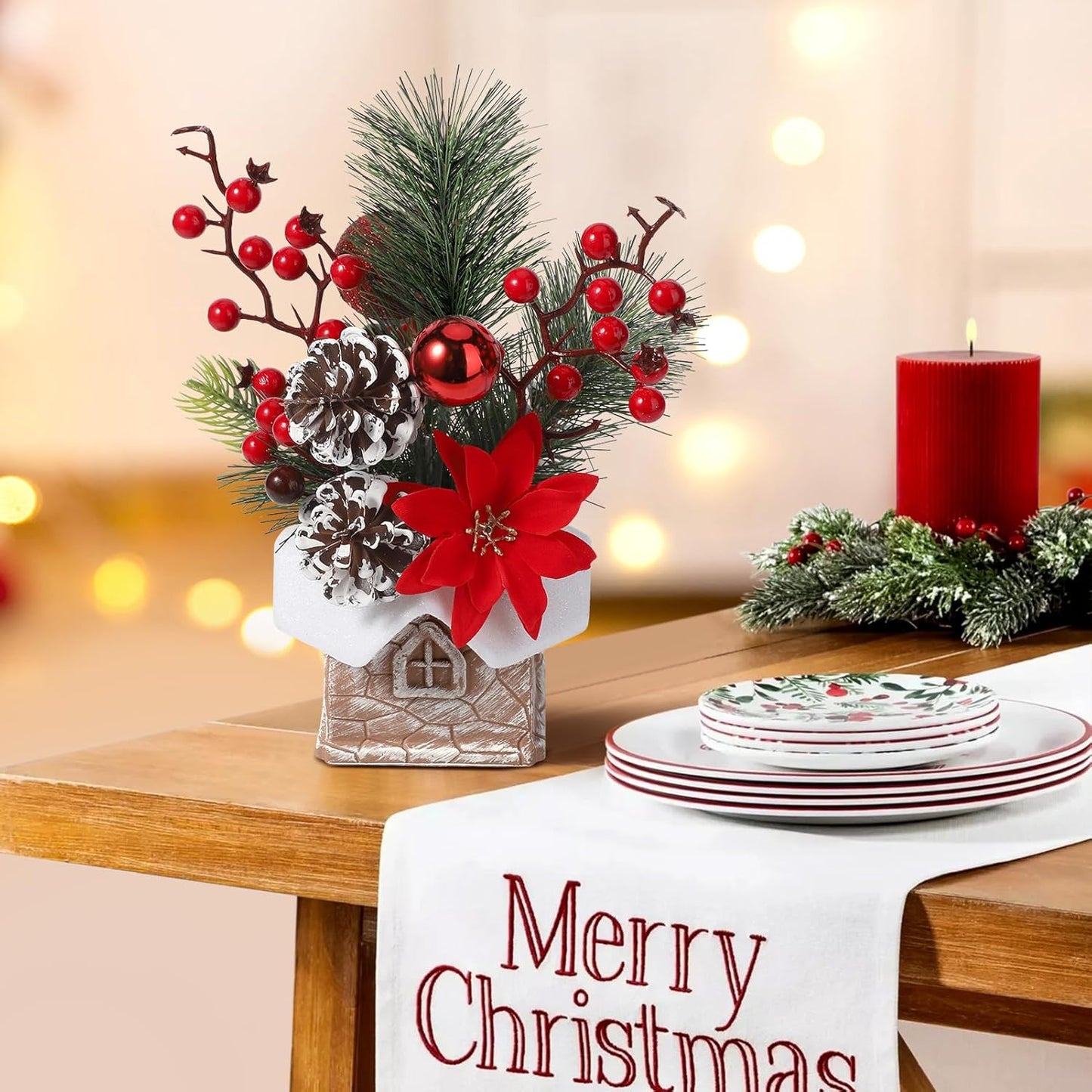 Hatisan Small Christmas Tree, Artificial Christmas Tree with Christmas Ornaments Pine Cone Berry, Tabletop Christmas Tree for Christmas Decorations Home Room Party Winter Indoor Outdoor(Red-Room)