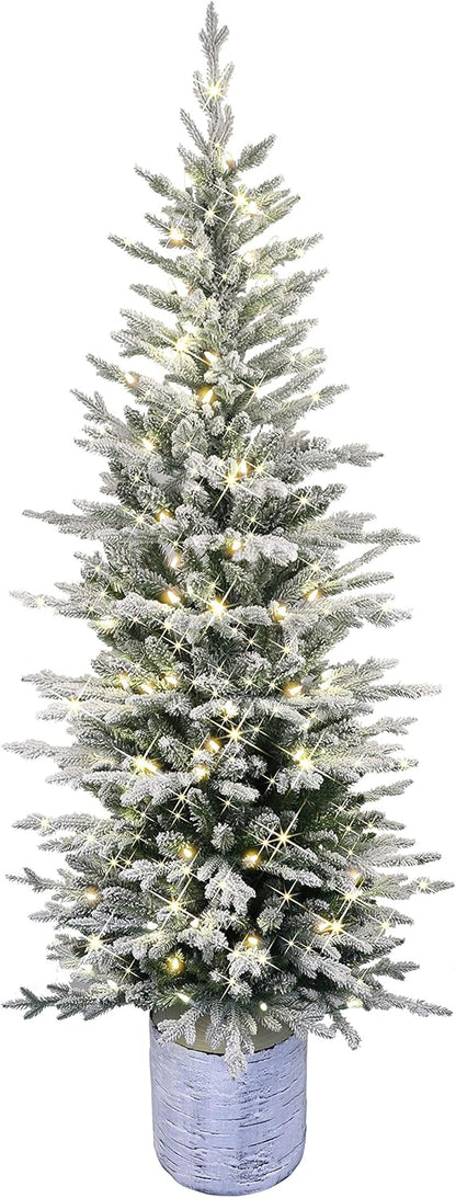 Puleo International Pre-Lit Potted Flocked Arctic Fir Pencil Artifical Artificial Christmas Tree, Green, 301-PTO9760-60LW120