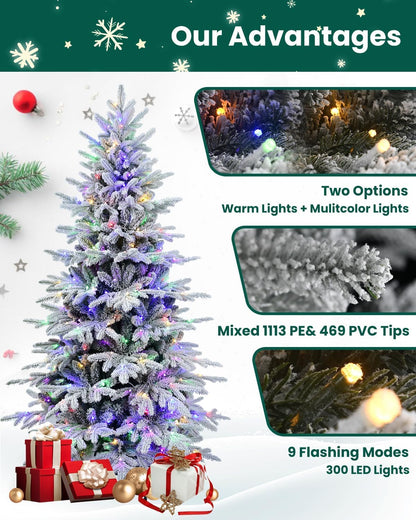Artificial Christmas Tree with Lights - Leheyhey 6ft Flocked Christmas Tree Prelit - Halloween Christmas Tree for Home Office Store, Holiday Decoration - 1582 PE & PVC Mixed Branch Tips