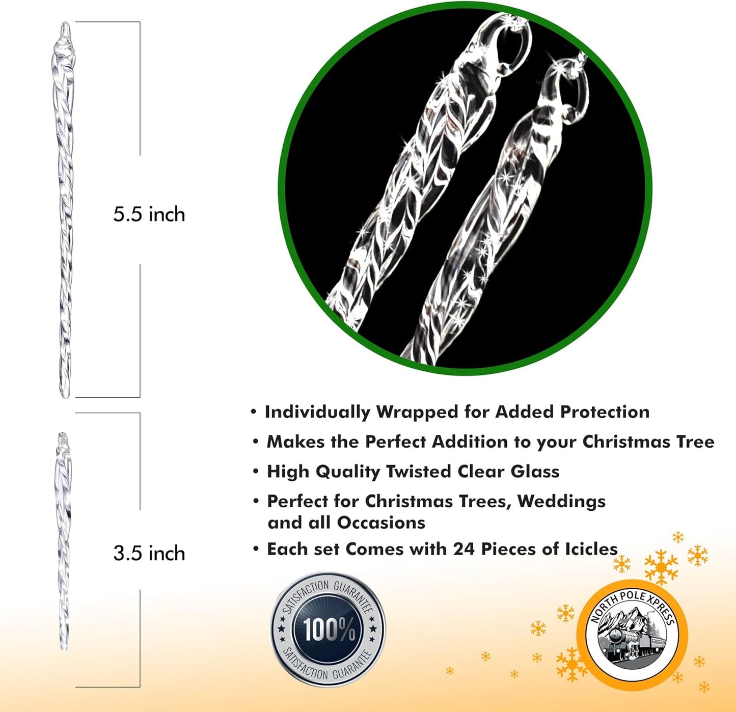 Twisted Clear Glass Icicle Christmas Ornaments for Christmas Trees - Set of 24 Icicles Christmas Tree Decorations - Christmas Tree Ornaments Perfect for White Or Silver Crystal Winter Frost Look!